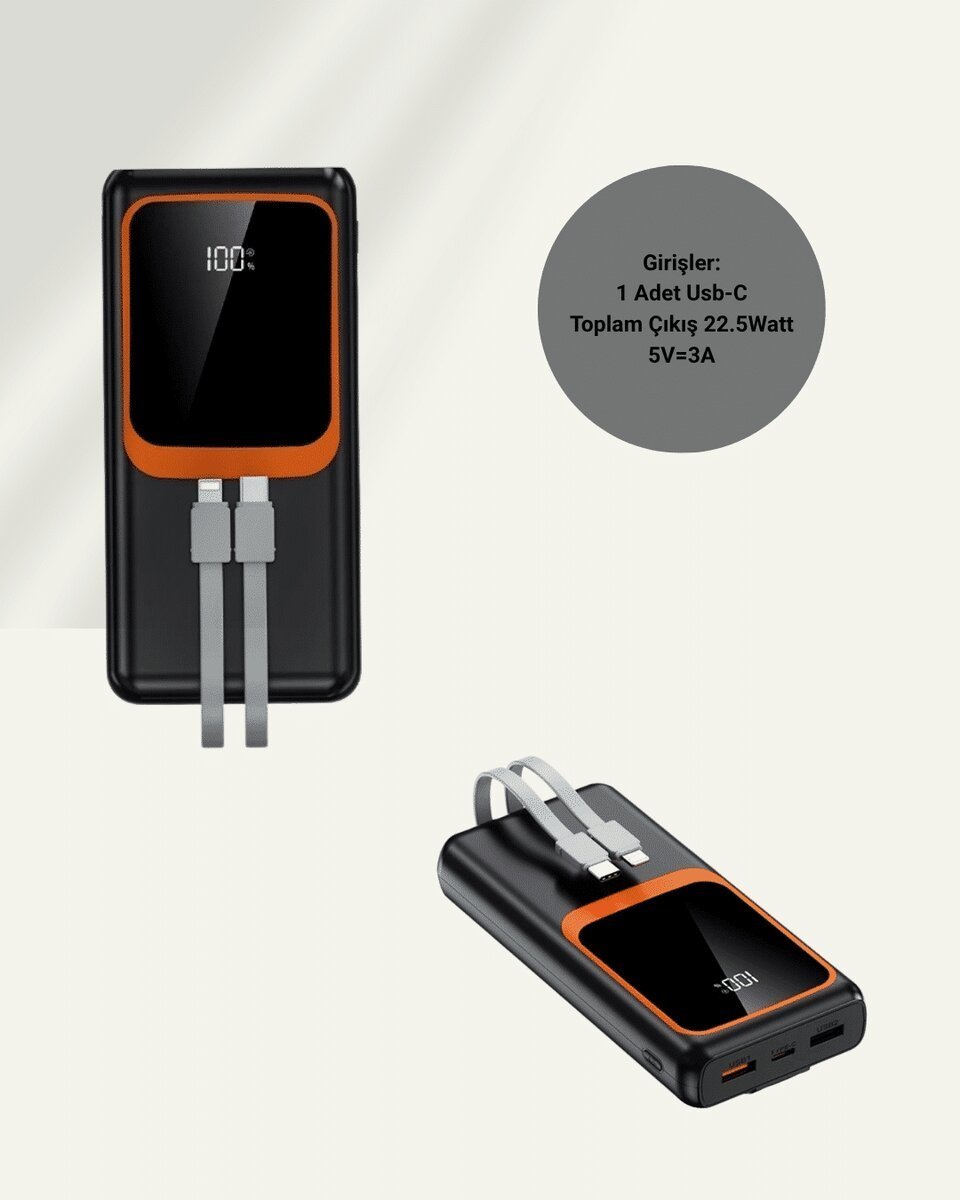 20000 mAh Powerbank | Çok Kablolu Dijital Göstergeli Yüksek Hızlı Şarj Cihazı
