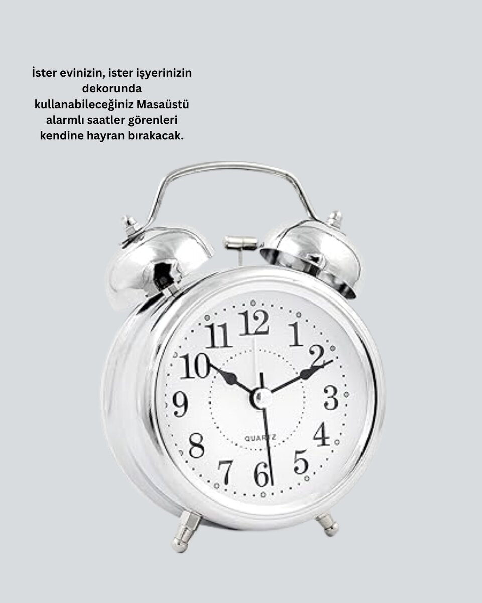 Dekoratif Yuvarlak Gümüş Sessiz Işıklı Masa Üstü Çalar Saat Alarmlı ve Şık Tasarım