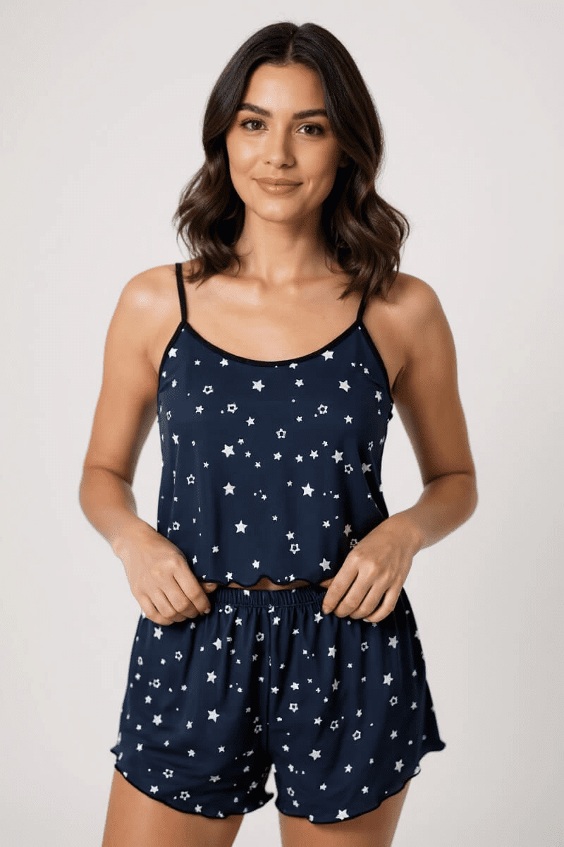 Yıldız Desenli Lacivert Şortlu Pijama Takımı