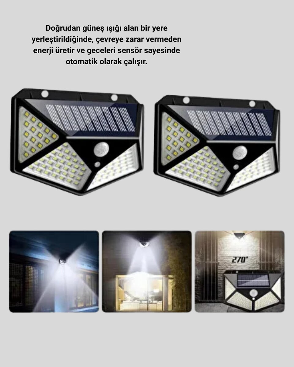 100 LED Solar Lamba Hareket Algılamalı Bahçe Duvar Dış Mekan Aydınlatma