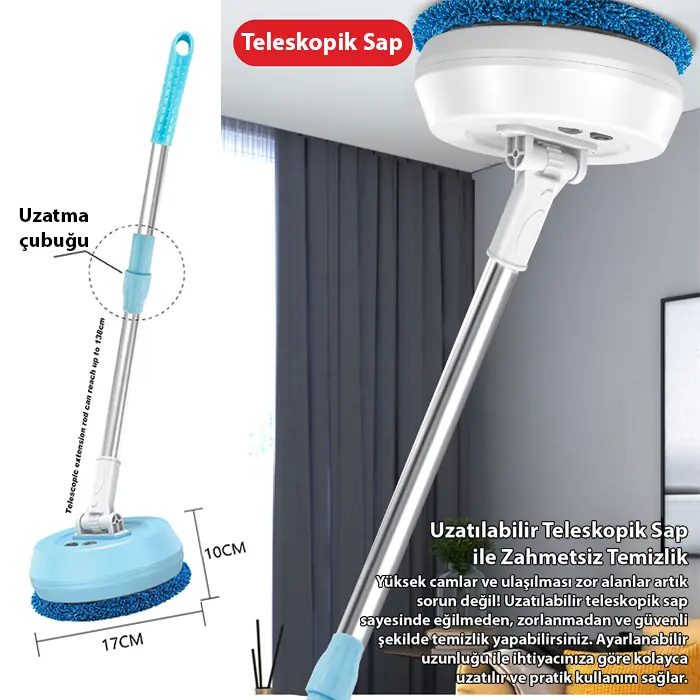 EZERE AA102 Pro Teleskopik Kablosuz Döner Temizlik Fırçası – Cam Tavan Zemin Uyumlu-(5775)