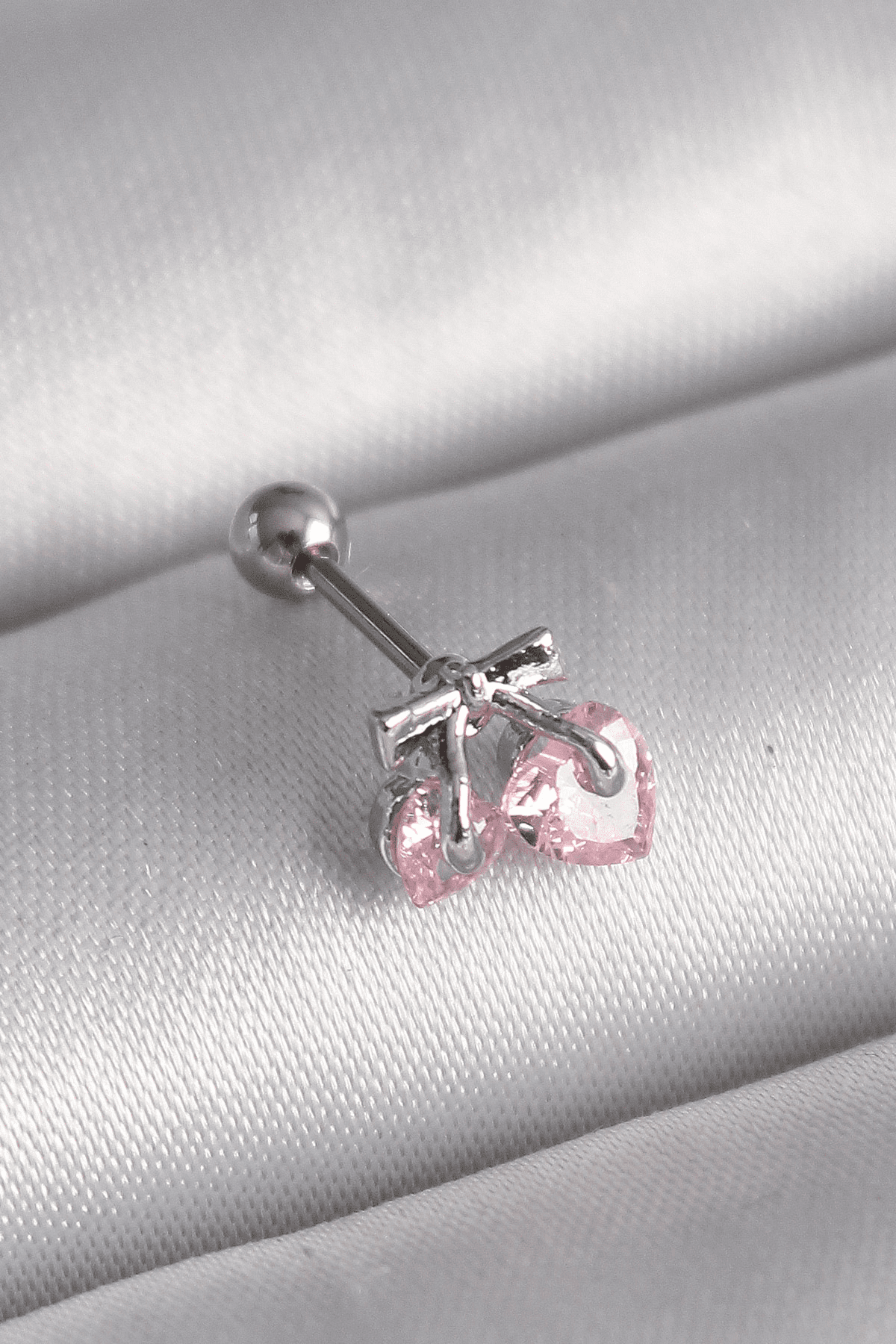 316L Çelik Gümüş Renk Pembe Zirkon Taşlı Kalp Tragus Piercing 5886