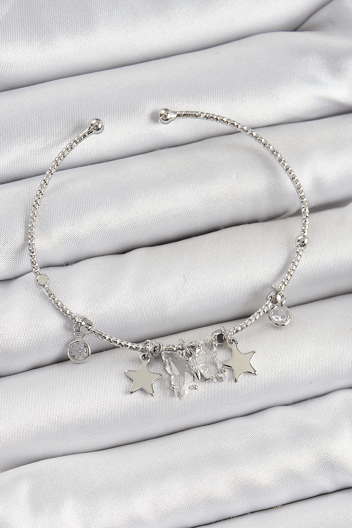 Pirinç Zirkon Taşlı Kelebek Ve Yıldız Model Gümüş Renk Charm Bileklik 5886
