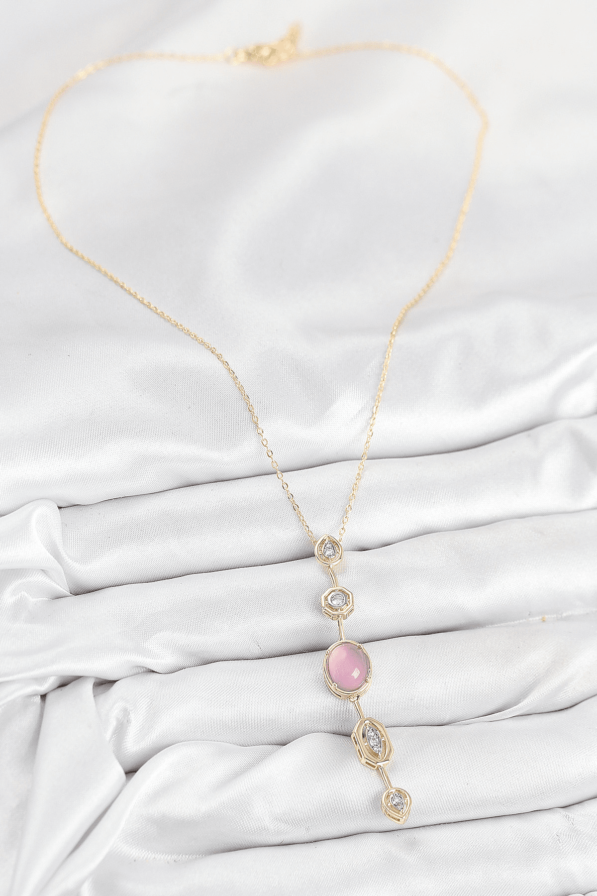 Pirinç Zincir Pembe Gold Renk Zirkon Taşlı Y Kolye 5886
