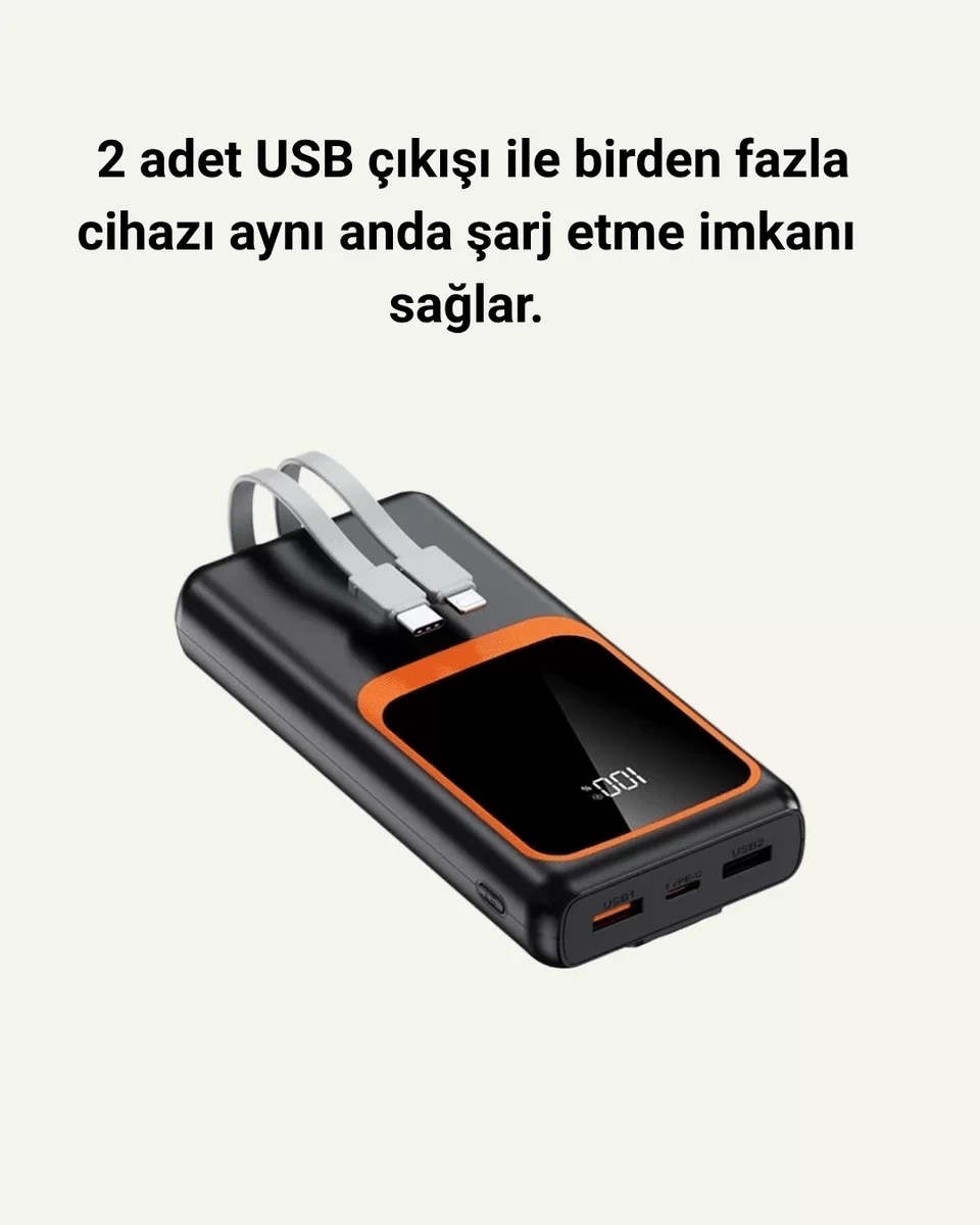20.000 mAh Taşınabilir Şarj Cihazı Dijital Göstergeli Kablolu Powerbank