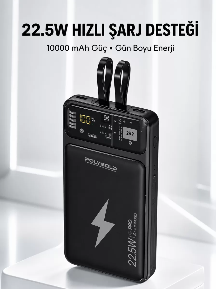 Powerbank Hızlı Şarj 10000 mAh Dahili Kablo Yeni Nesil