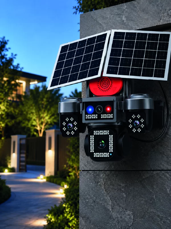 Güneş Enerjili 4 Lensli Dış Mekan Güvenlik Kamerası IP66 Su Geçirmez