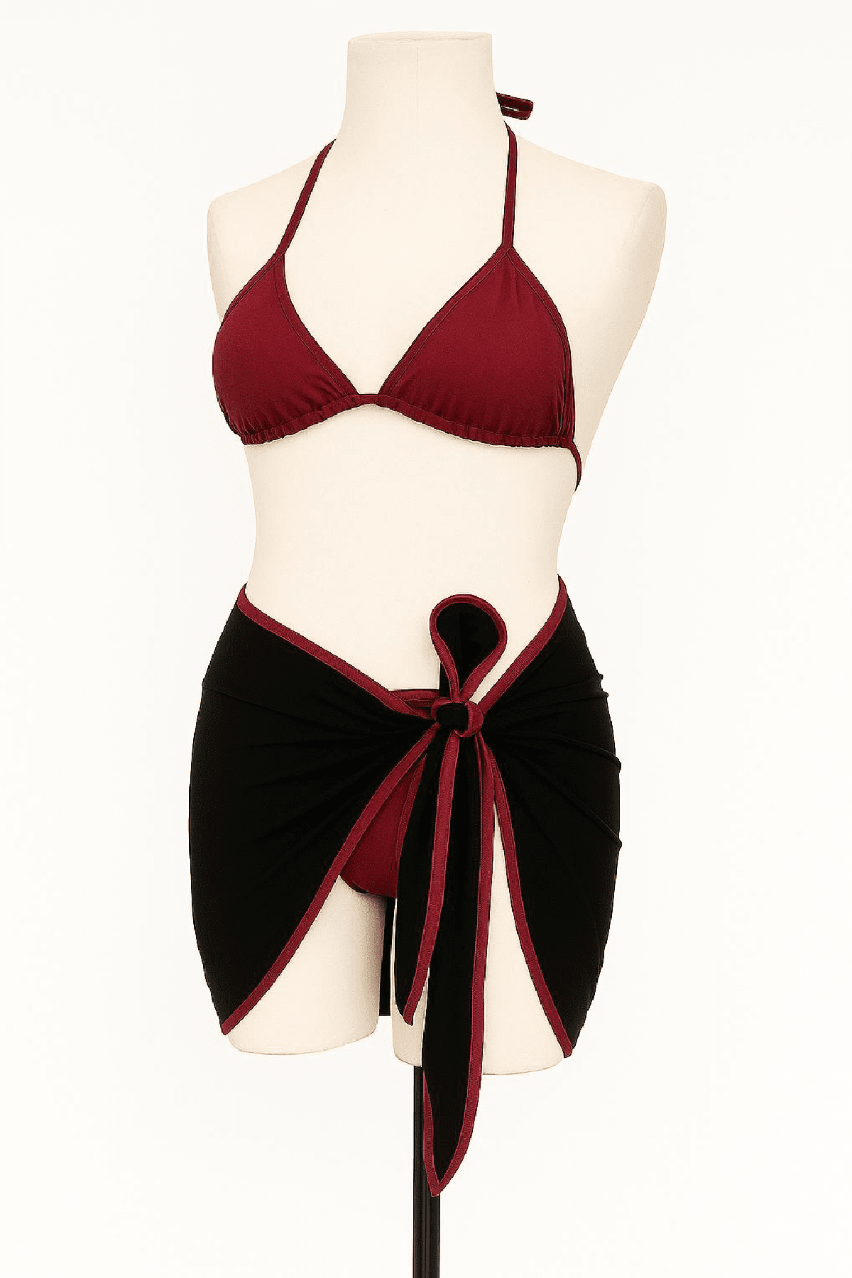 Kadın Bordo Siyah Pareolu Yandan ve Boyundan Bağlamalı 3'lü Bikini Takımı