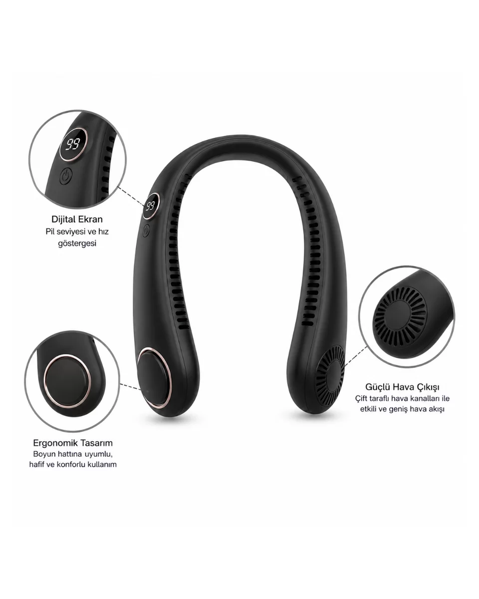 5 Kademeli Şarjlı Boyun Fanı Taşınabilir Sessiz Mini Vantilatör