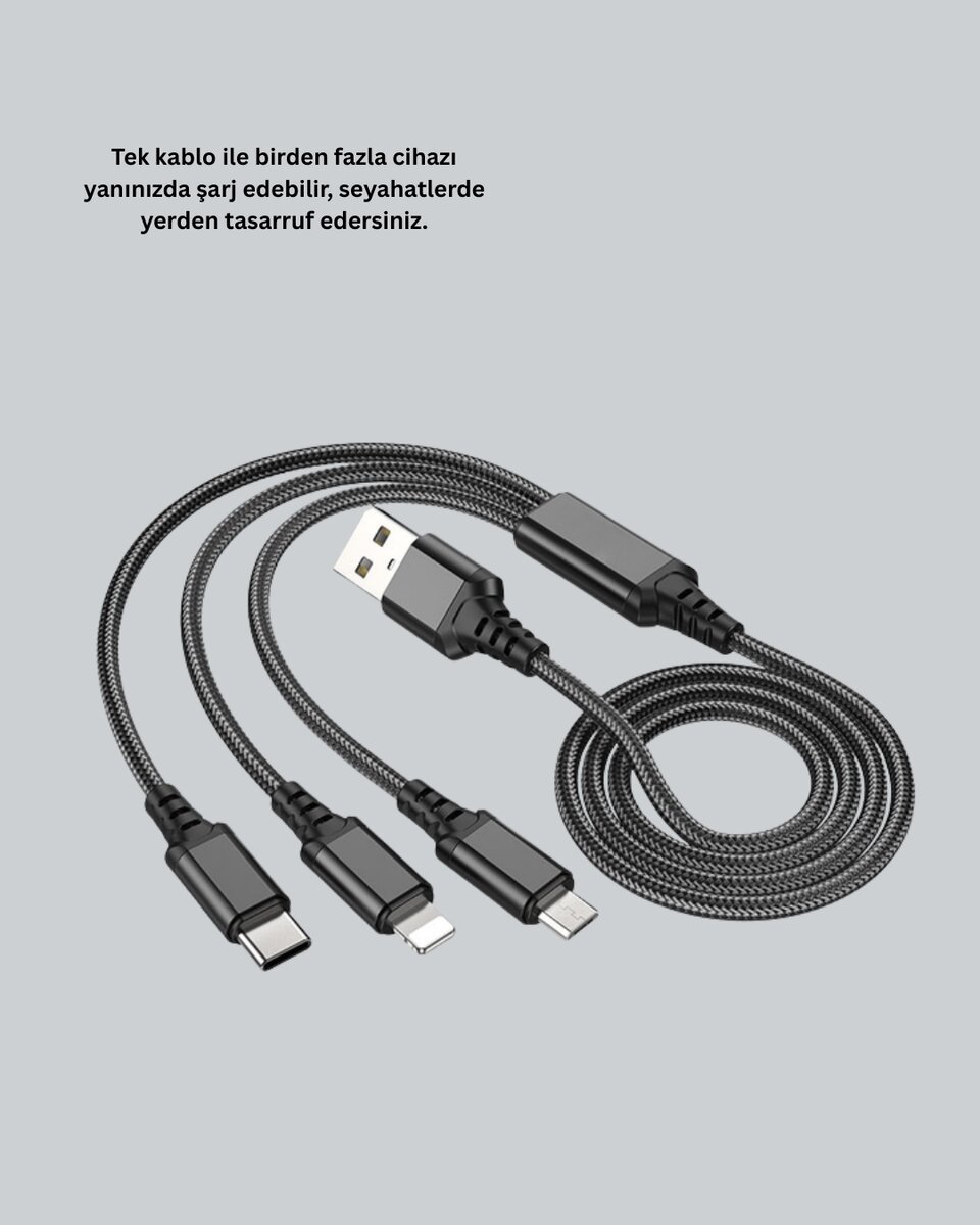 Evrensel 3 Başlıklı Şarj Kablosu – iPhone Huawei Samsung İçin