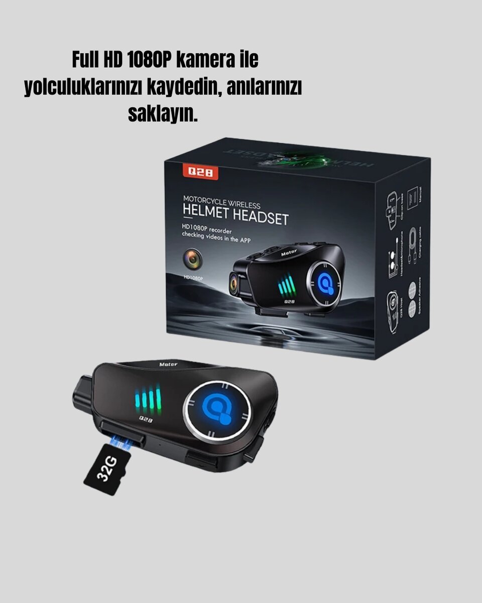 Q28 Full HD Kameralı Motosiklet Kask Kulaklığı – 45 Saat Müzik IPX6 Su Geçirmez