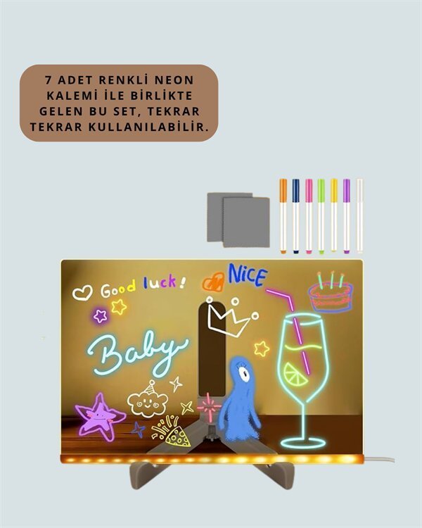 LED Işıklı Şeffaf Yazı Tahtası – Neon Etkili Akrilik Pano Silinebilir 7 Renkli Kalemli 30x20 cm