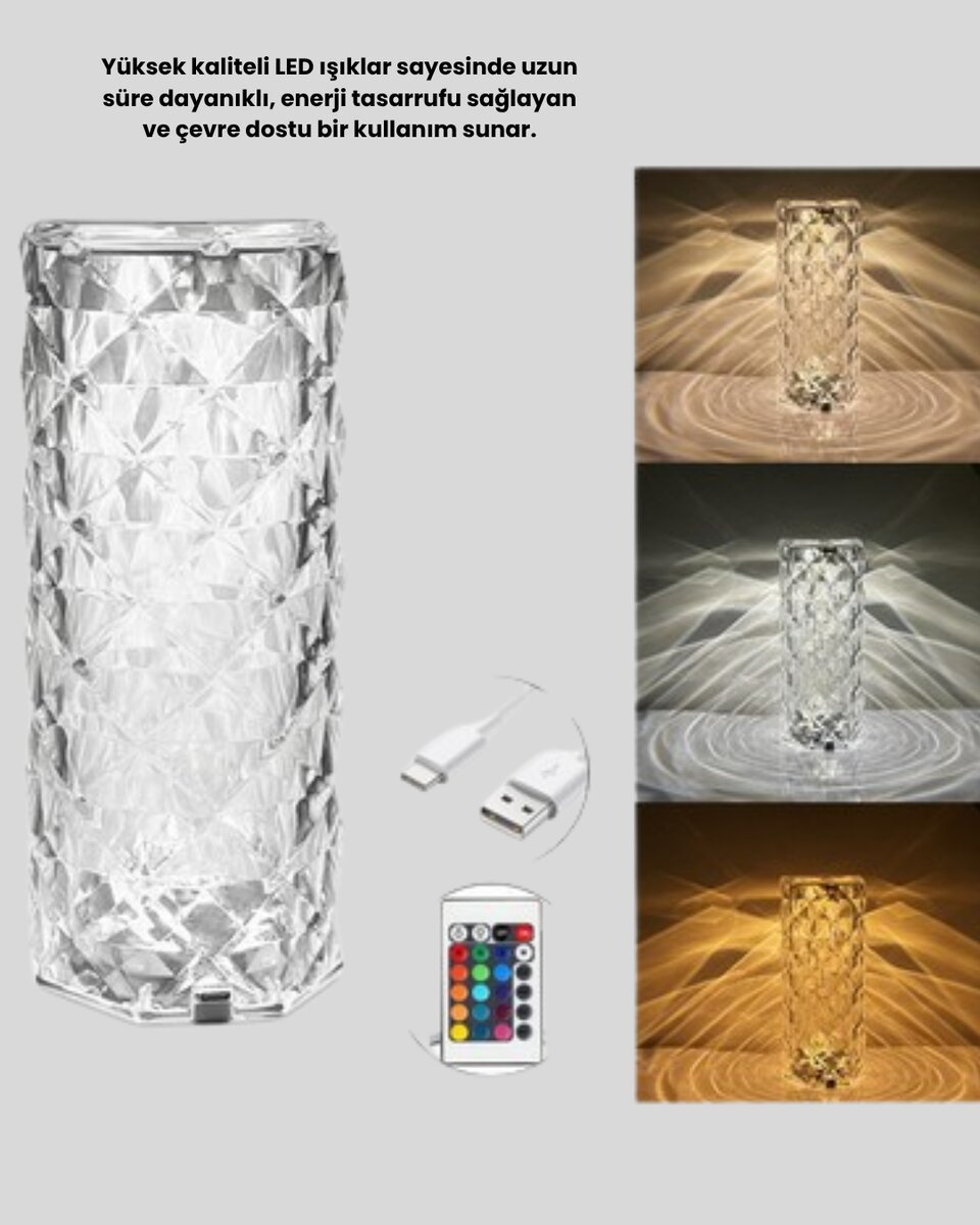 Kristal RGB LED Masa Lambası – Renkli Kumandalı Işık Dekoratif ve Enerji Tasarruflu